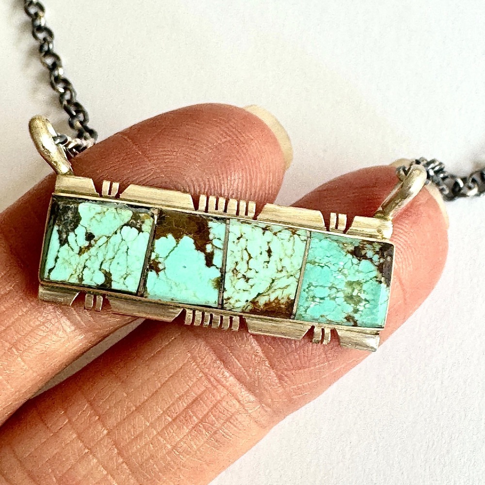 Navajo Bar Necklace #8 Mine Turquoise 18in Sterling Signed Francisco Native Amer